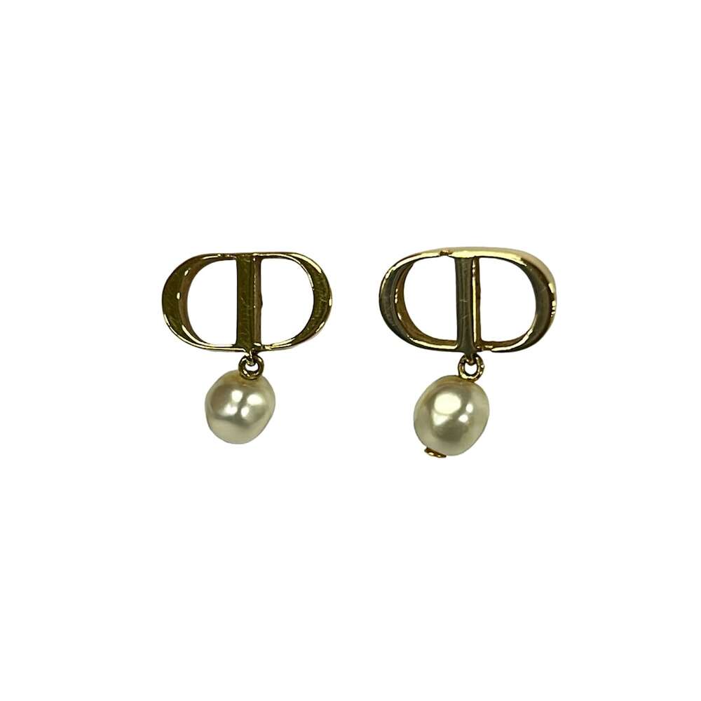 Christian Dior PETIT CD Earrings Gold Cream Hardware Faux Pearl